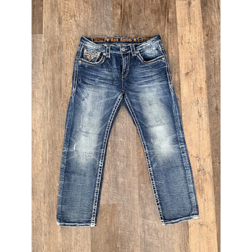 Rock Revival Boulder Straight Mens Jeans Size 34 Blue Distressed EP2400J203S